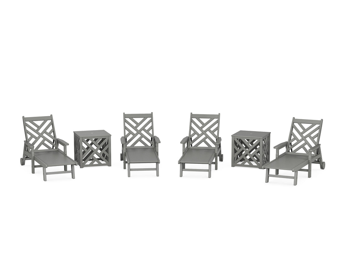 POLYWOOD Chippendale 6-Piece Chaise Set with Umbrella Stand Accent Table in Slate Grey