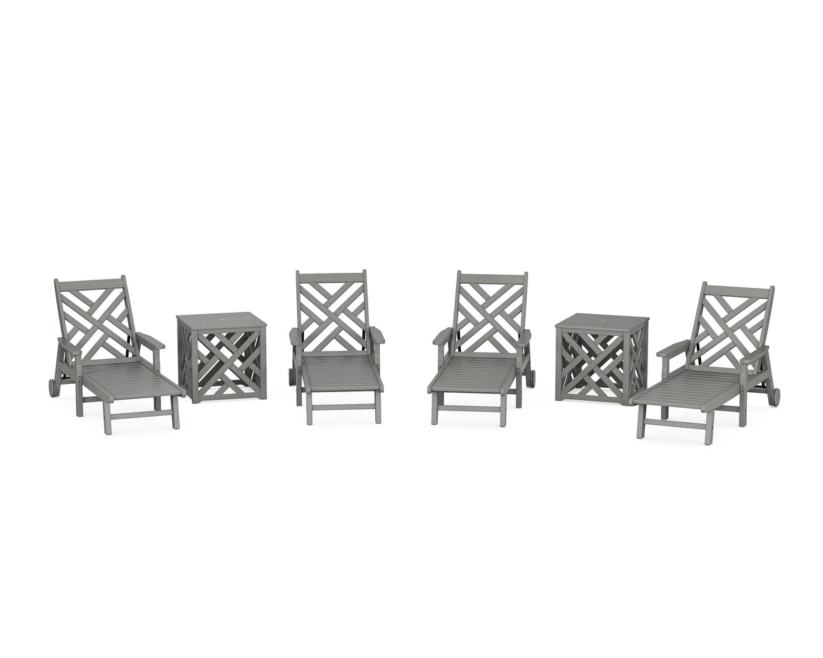 POLYWOOD Chippendale 6-Piece Chaise Set with Umbrella Stand Accent Table in Slate Grey