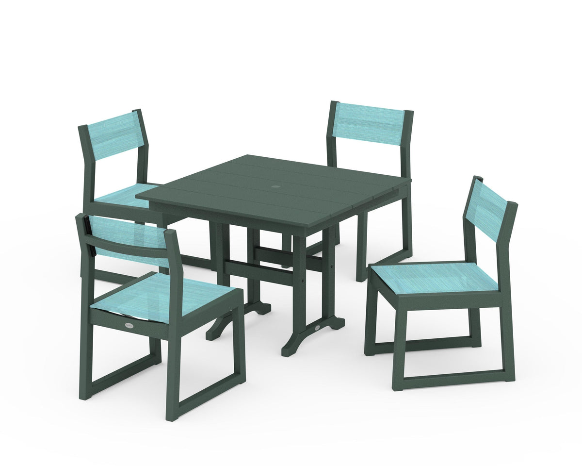 POLYWOOD EDGE Sling Side Chair 5-Piece Farmhouse Dining Set in Green / Dupioni Aquamarine