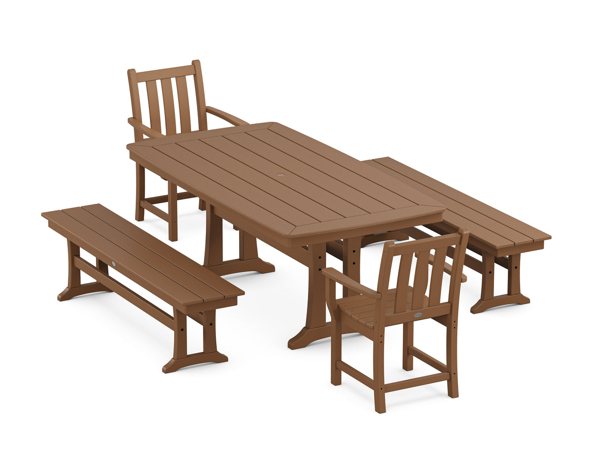 POLYWOOD Traditional Garden 5-Piece Dining Set with Trestle Legs - 38" x 73" Table in Teak