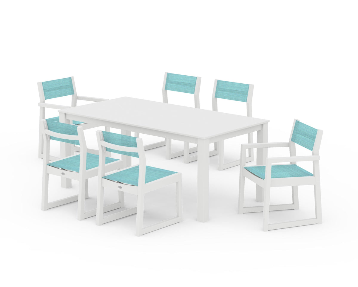 POLYWOOD EDGE Sling 7-Piece Parsons Dining Set in White / Dupioni Aquamarine