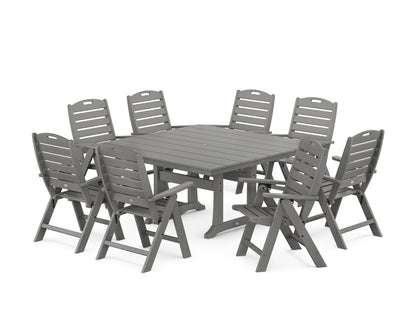 POLYWOOD Nautical Highback 9-Piece Square Farmhouse Dining Set with Trestle Legs in Slate Grey