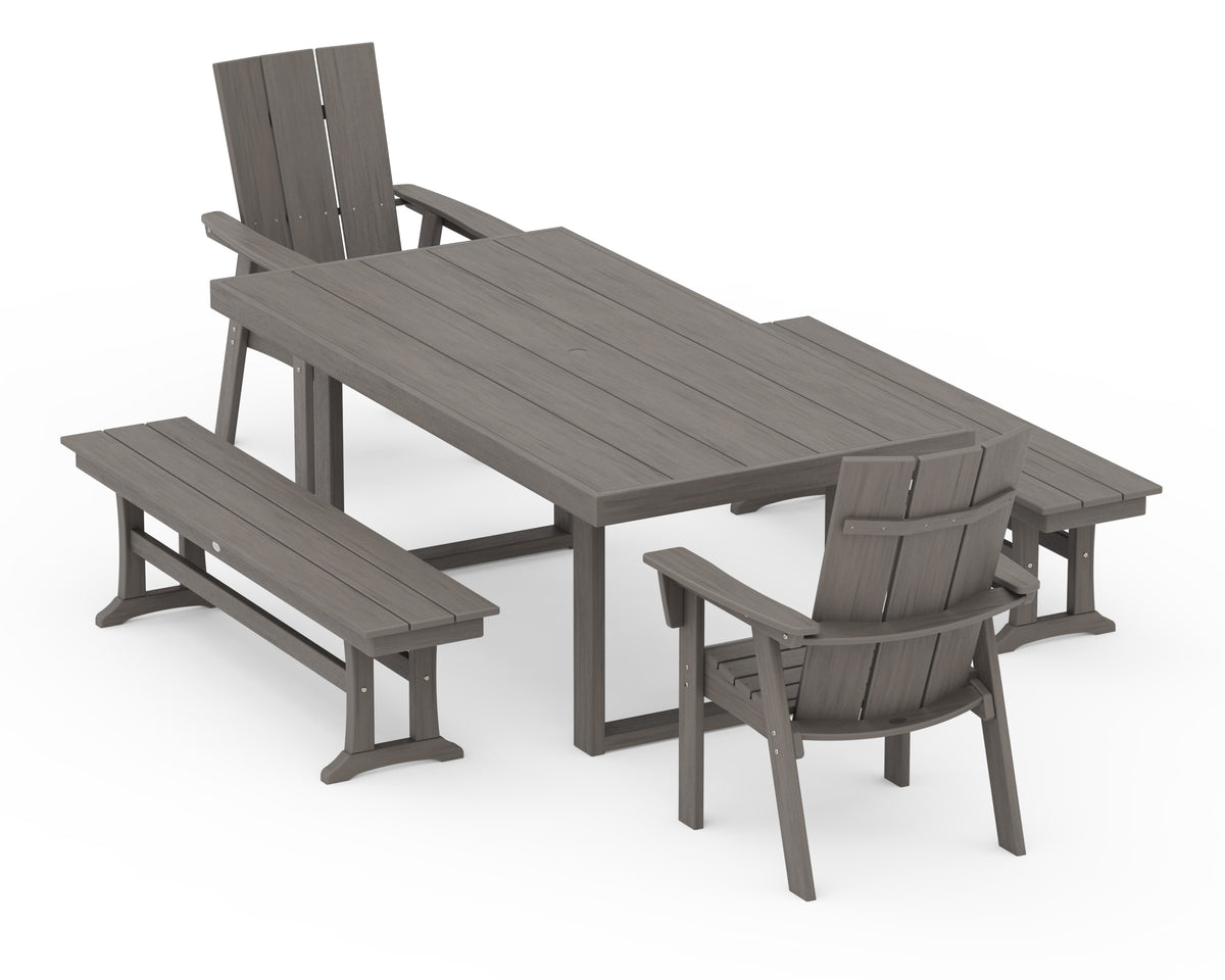 POLYWOOD Modern Curveback Adirondack 5-Piece Dining Set with Benches - 39" x 78" Table in Driftwood