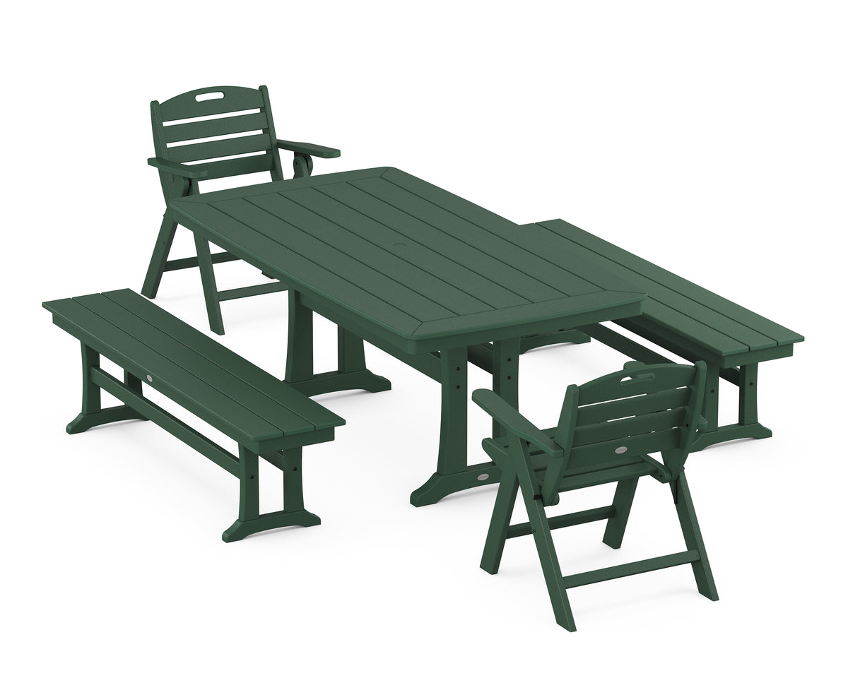 POLYWOOD Nautical Folding Lowback Chair 5-Piece Dining Set with Trestle Legs and Benches in Green