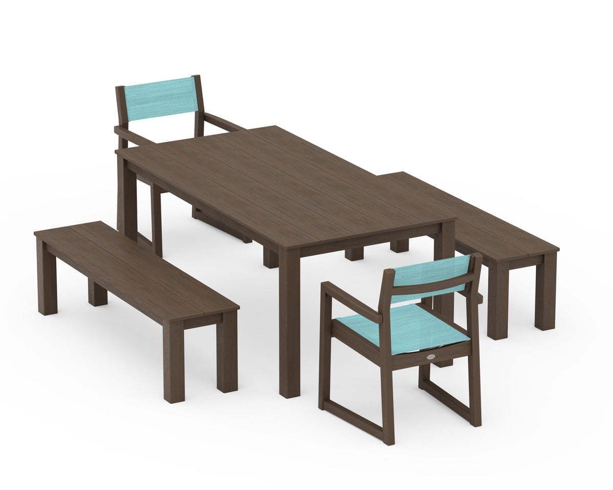 POLYWOOD EDGE Sling Arm Chair 5-Piece Parsons Dining Set with Benches in Kona / Dupioni Aquamarine