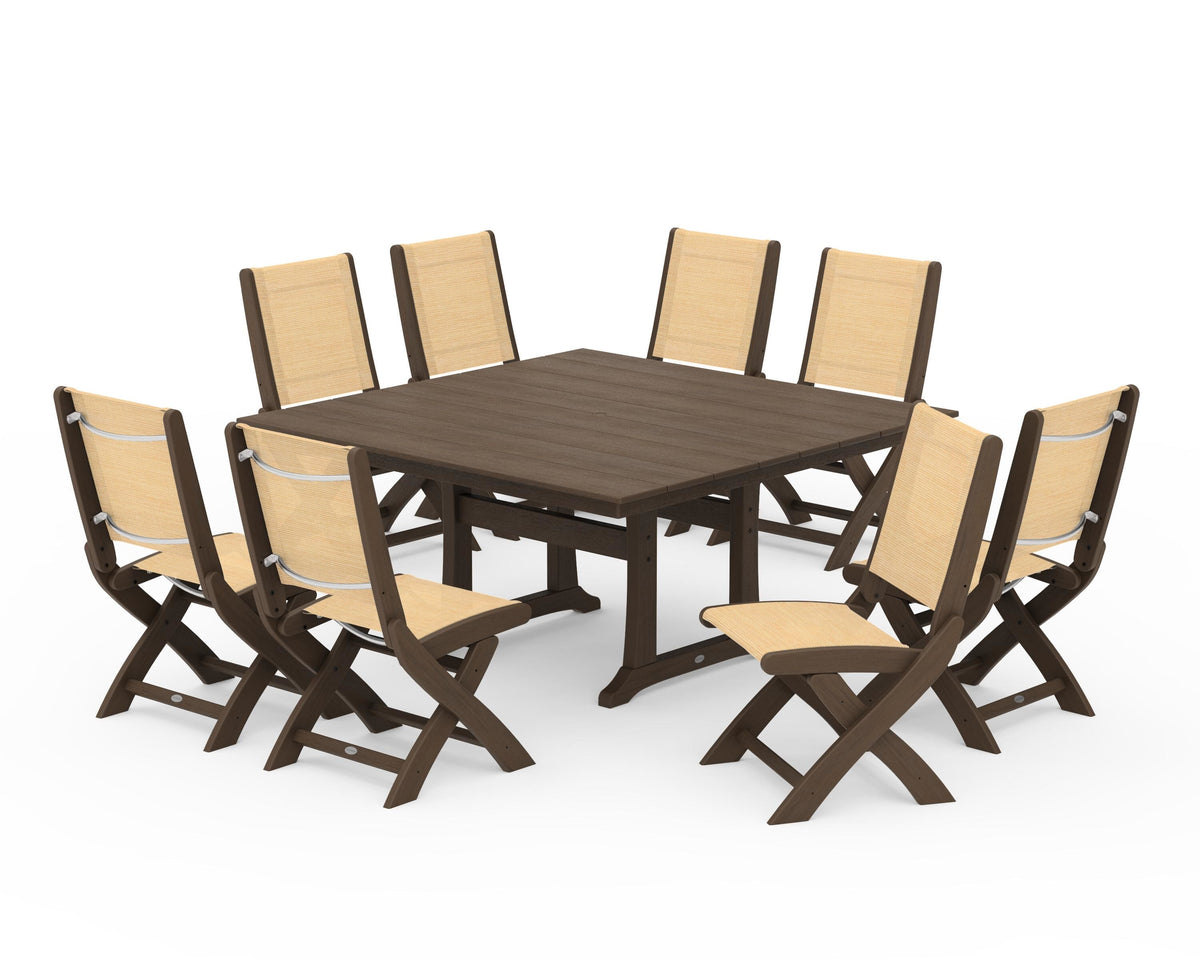 POLYWOOD Coastal Folding Side Chair 9-Piece Farmhouse Dining Set in Kona / Dupioni Apricot