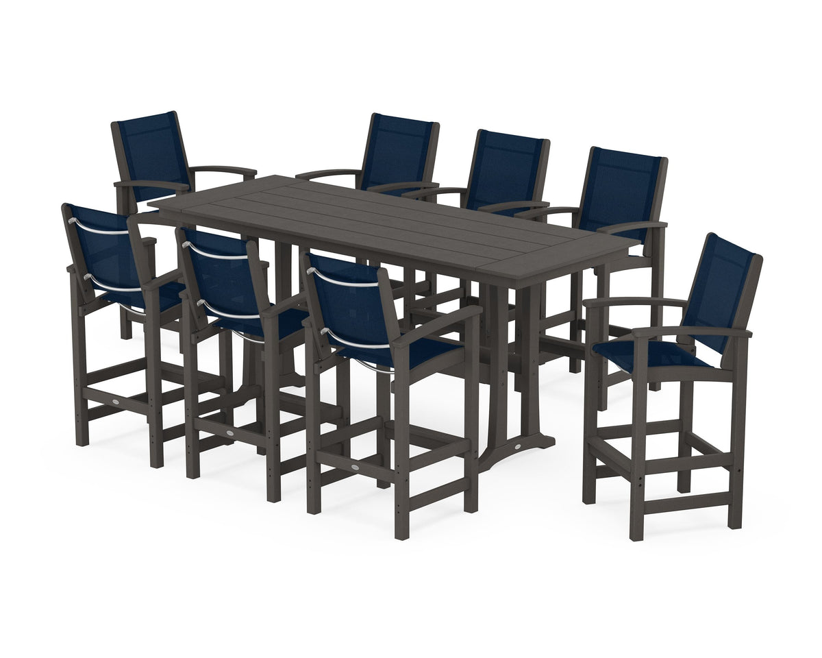 POLYWOOD Coastal 9-Piece Farmhouse Bar Set with Trestle Legs in Vintage Coffee / Navy Blue