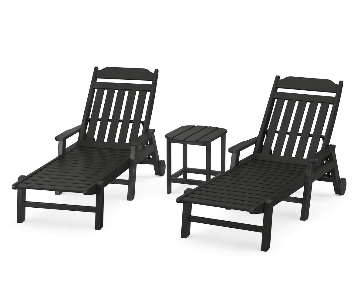 POLYWOOD Cottage 3-Piece Chaise Set with Arms and Wheels in Black