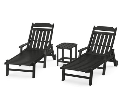 POLYWOOD Cottage 3-Piece Chaise Set with Arms and Wheels in Black