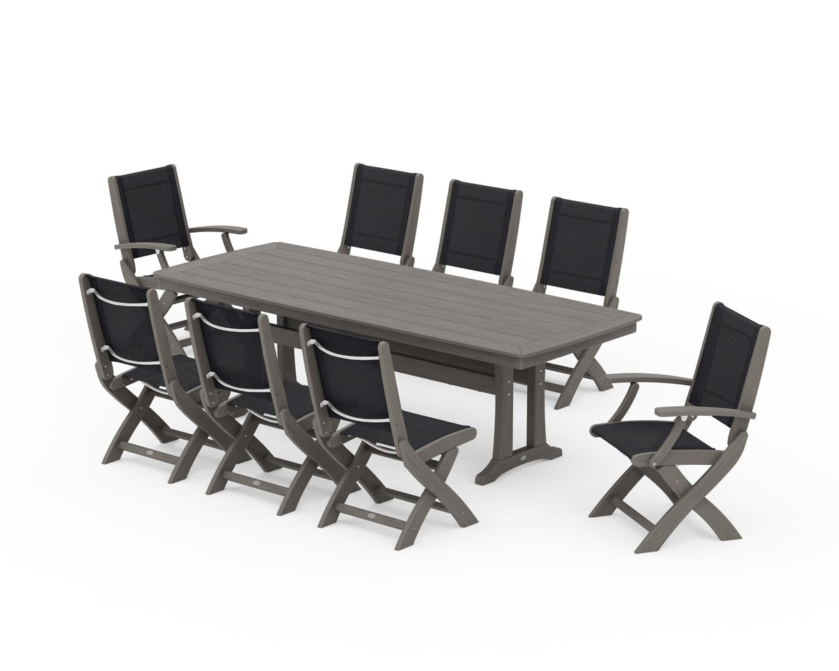 POLYWOOD Coastal Folding 9-Piece Dining Set with Trestle Legs in Driftwood / Black