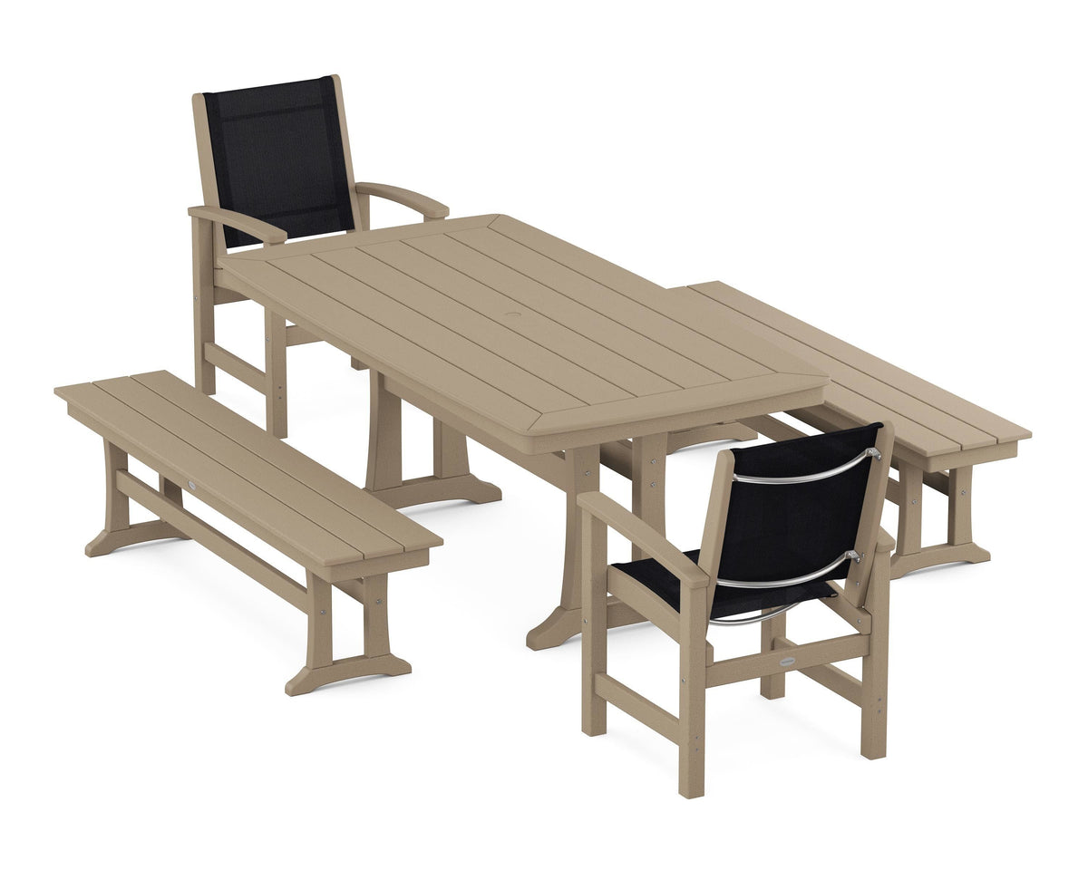 POLYWOOD Coastal 5-Piece Dining Set with Trestle Legs and Benches in Vintage Sahara / Black