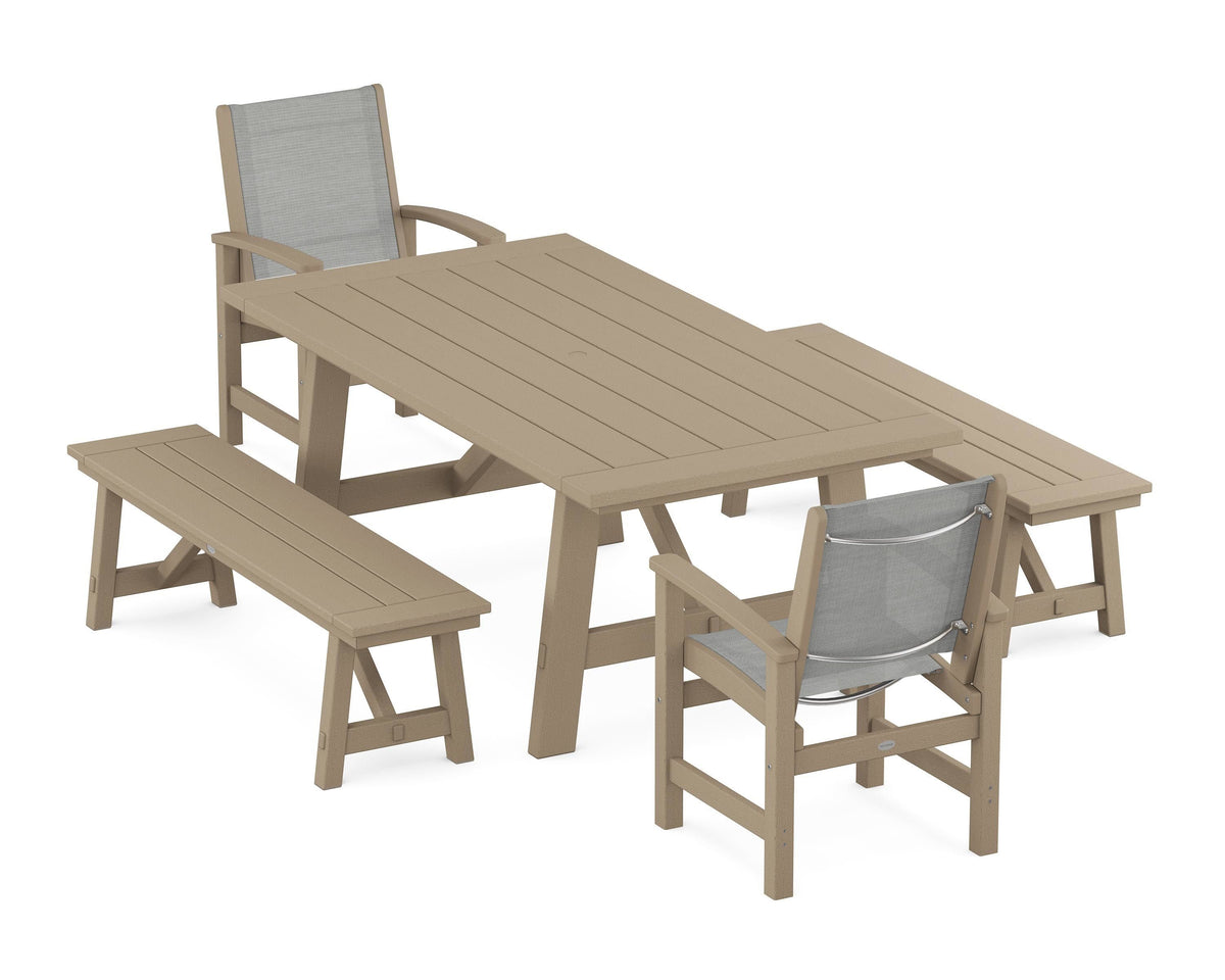 POLYWOOD Coastal 5-Piece Rustic Farmhouse Dining Set With Benches in Vintage Sahara / Metallic