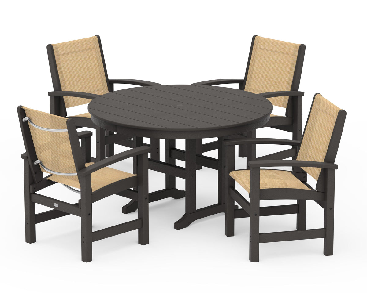 POLYWOOD Coastal 5-Piece Round Farmhouse Dining Set in Vintage Coffee / Dupioni Apricot