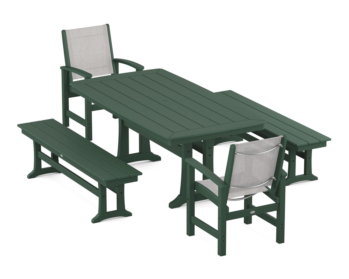 POLYWOOD Coastal 5-Piece Dining Set with Trestle Legs and Benches in Green / Parchment