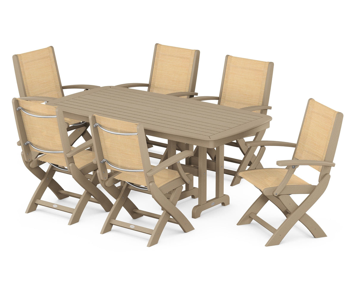 POLYWOOD Coastal Folding Arm Chair 7-Piece Dining Set in Vintage Sahara / Dupioni Apricot