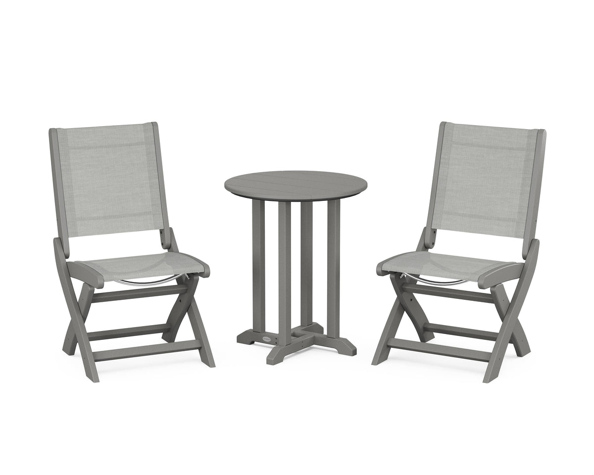 POLYWOOD Coastal Folding Side Chair 3-Piece Round Bistro Dining Set in Slate Grey / Metallic
