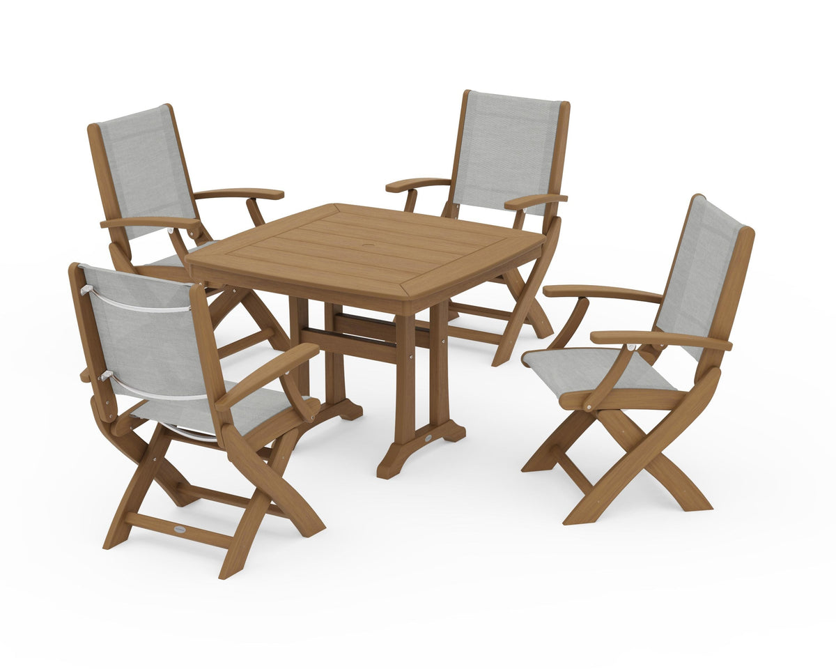 POLYWOOD Coastal Folding Chair 5-Piece Dining Set with Trestle Legs in Natural / Metallic