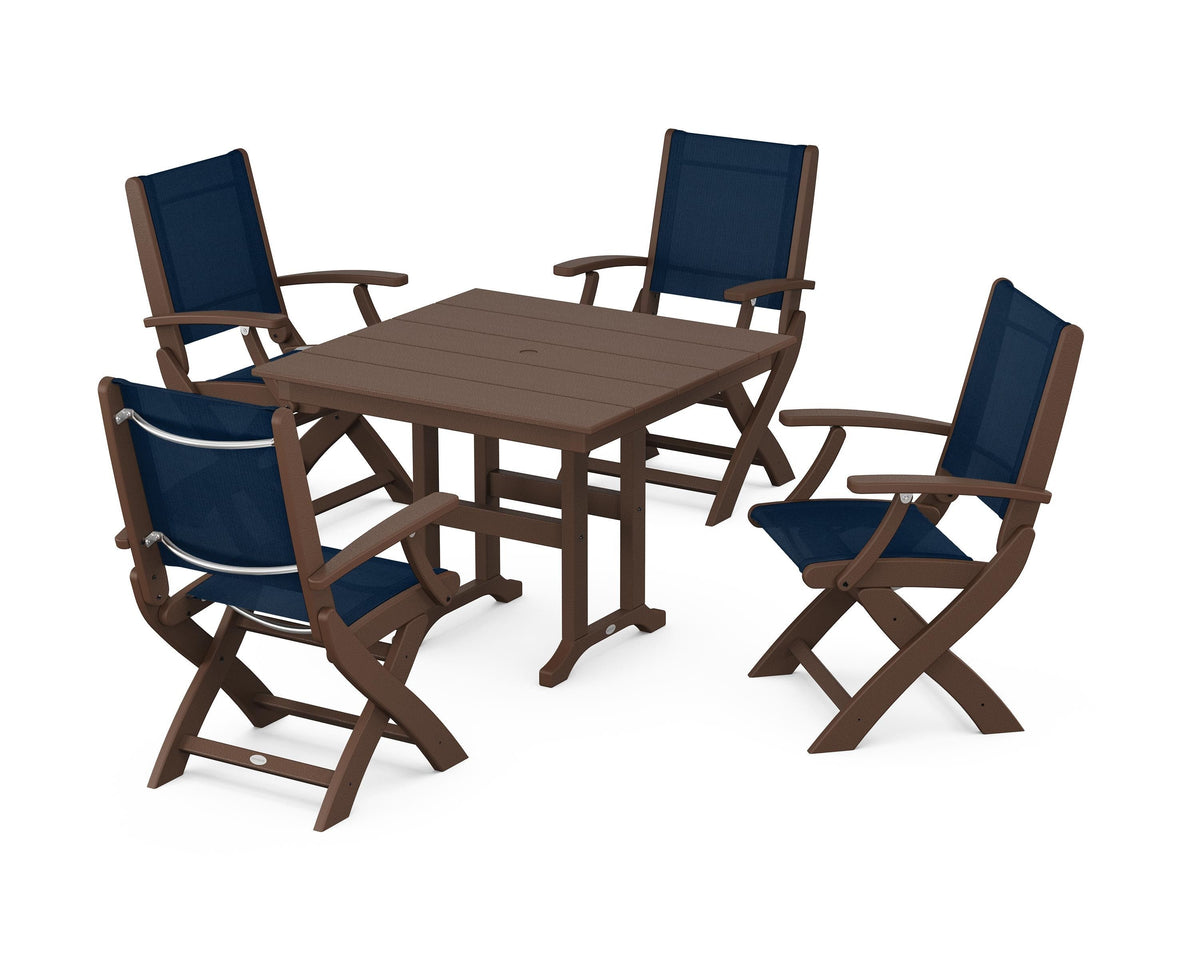 POLYWOOD Coastal Folding Chair 5-Piece Farmhouse Dining Set in Mahogany / Navy Blue