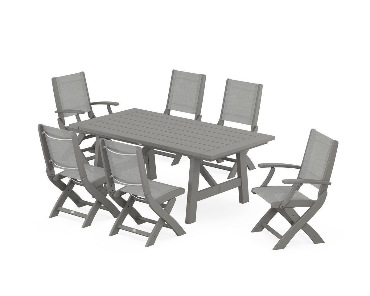 POLYWOOD Coastal Folding Chair 7-Piece Rustic Farmhouse Dining Set in Slate Grey / Metallic