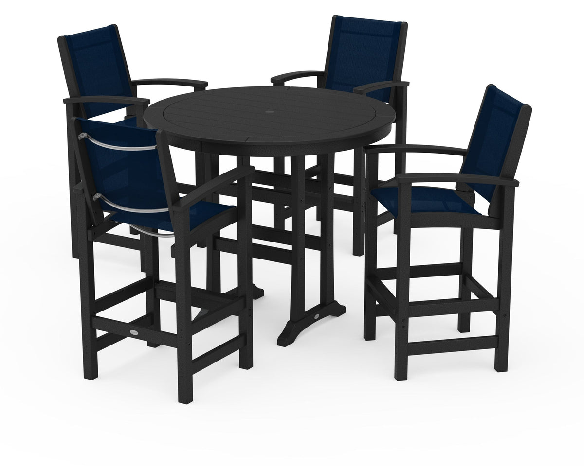 POLYWOOD Coastal 5-Piece Nautical Trestle Bar Set in Black / Navy Blue