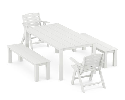 POLYWOOD Nautical Folding Lowback Chair 5-Piece Parsons Dining Set with Benches in White