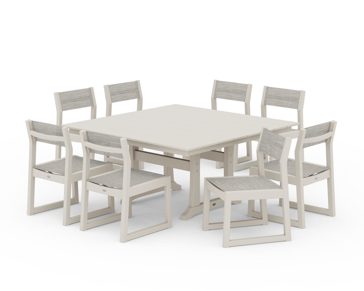 POLYWOOD EDGE Sling Side Chair 9-Piece Farmhouse Trestle Dining Set in Sand / Birch