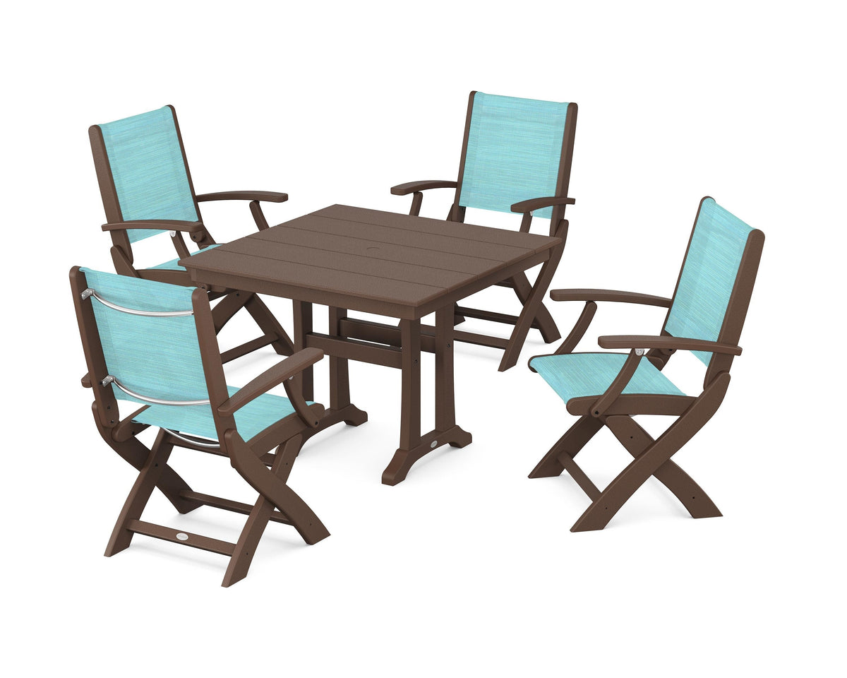 POLYWOOD Coastal Folding Chair 5-Piece Farmhouse Dining Set With Trestle Legs in Mahogany / Dupioni Aquamarine