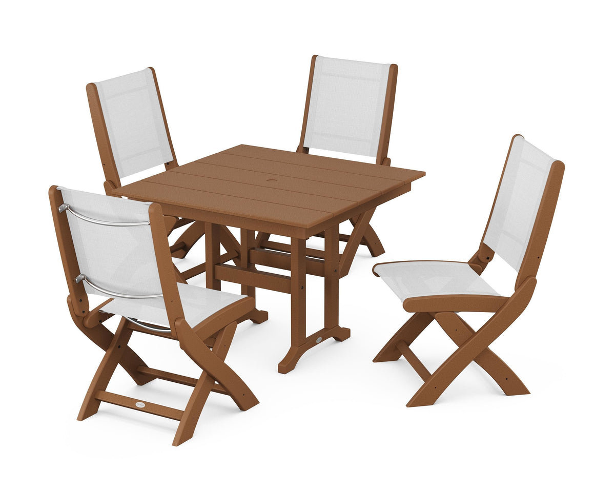 POLYWOOD Coastal Folding Side Chair 5-Piece Farmhouse Dining Set in Teak / White
