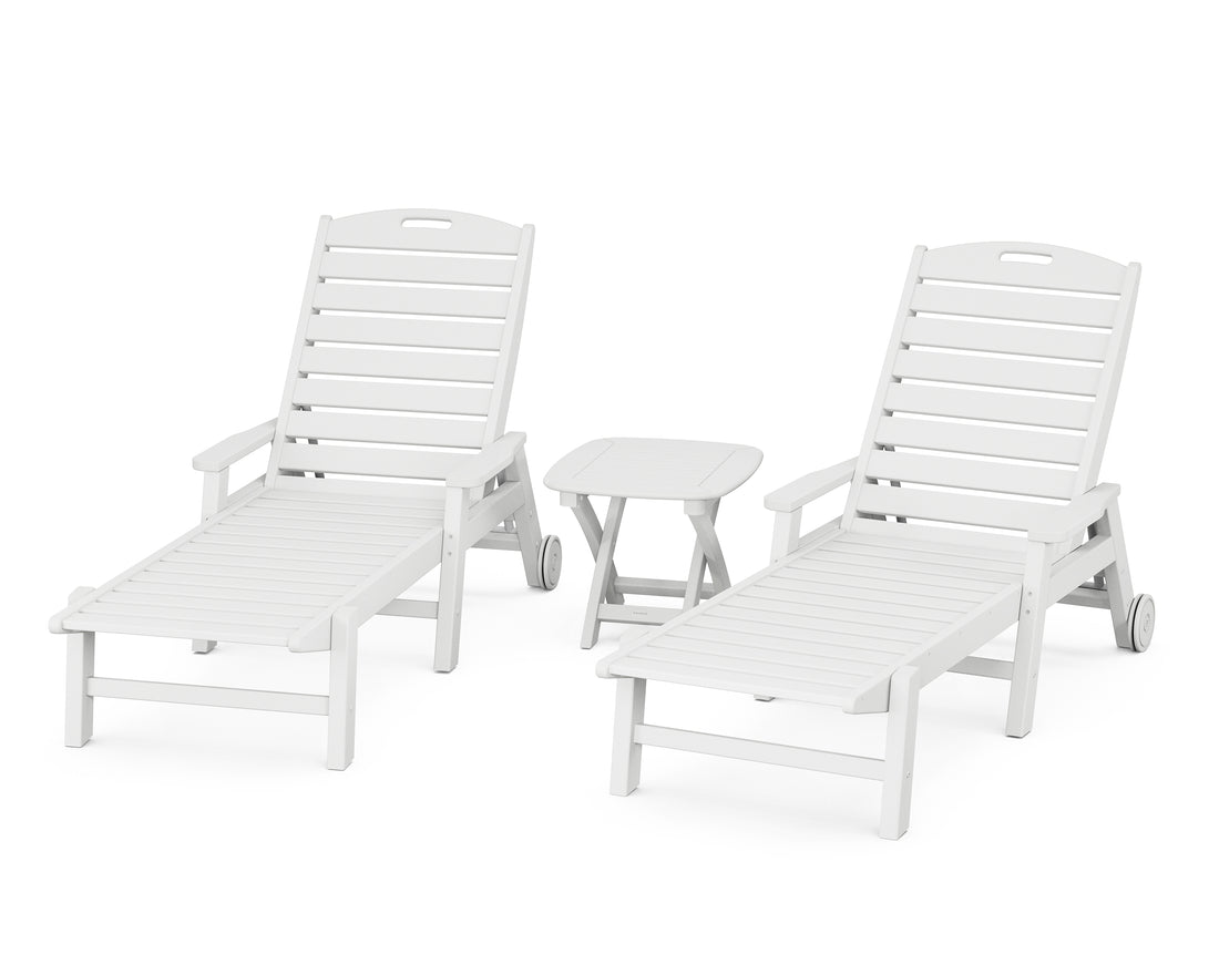 POLYWOOD Nautical 3-Piece Chaise Set with Nautical Side Table in White