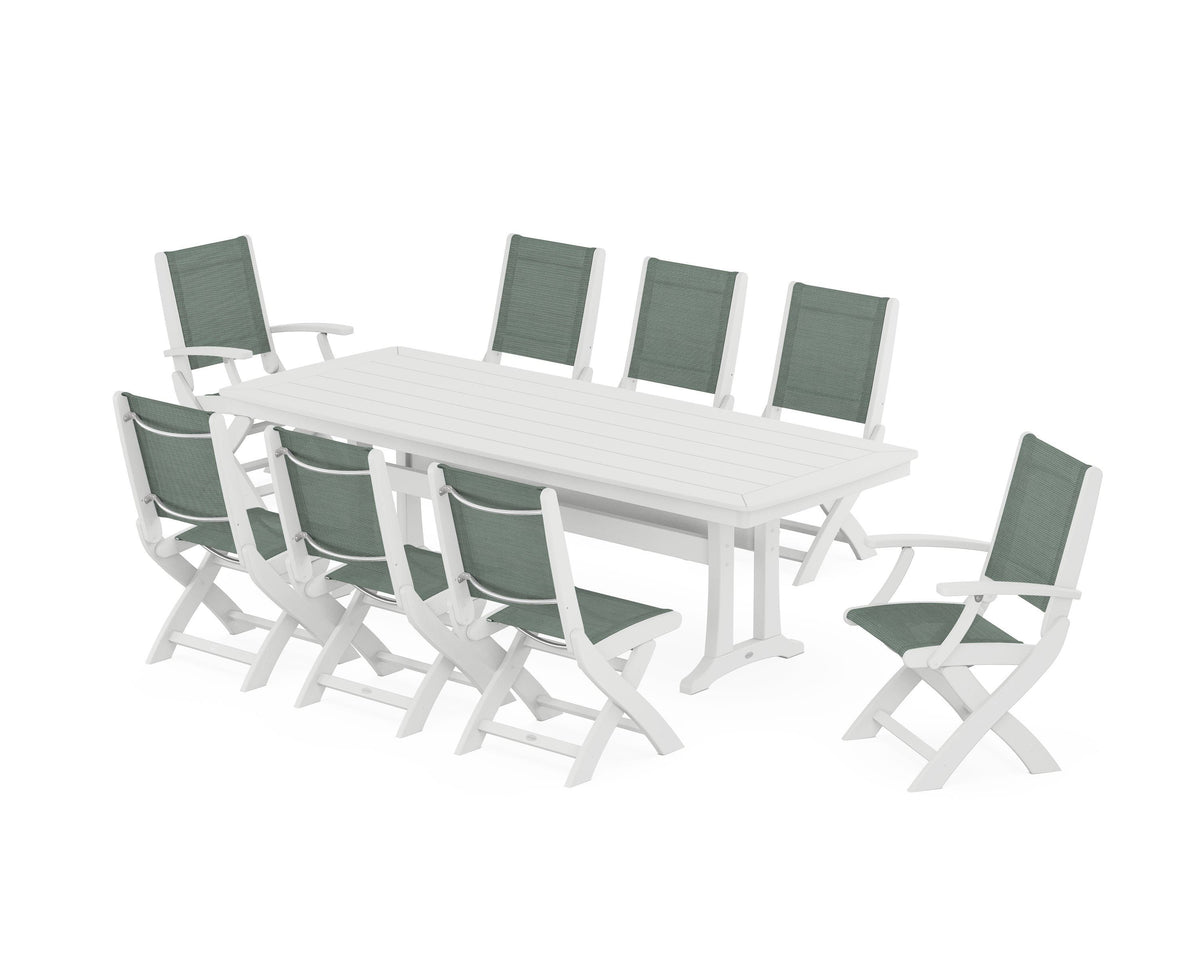 POLYWOOD Coastal Folding 9-Piece Dining Set with Trestle Legs in White / Dupioni Sea Mist
