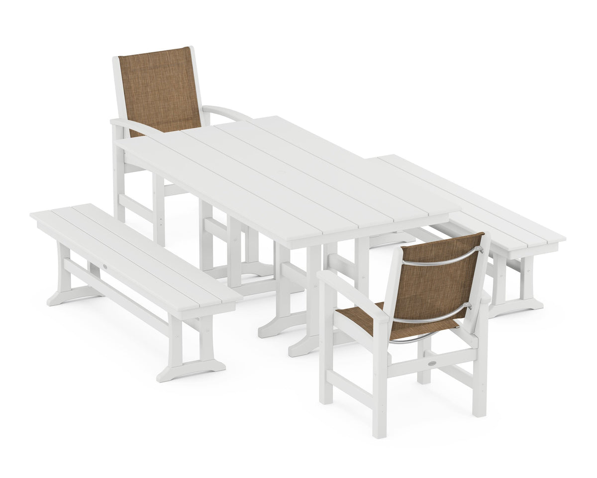 POLYWOOD Coastal 5-Piece Farmhouse Dining Set with Farmhouse 37" x 72" Dining Table in White / Burlap