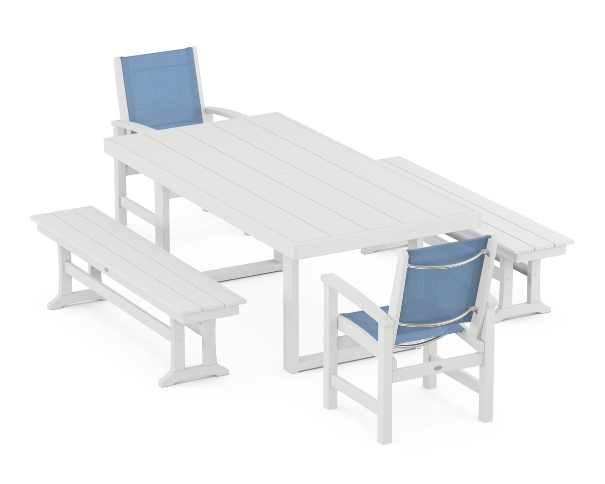 POLYWOOD Coastal 5-Piece Dining Set with Trestle Legs with EDGE 40" x 78" Dining Table in White / Poolside
