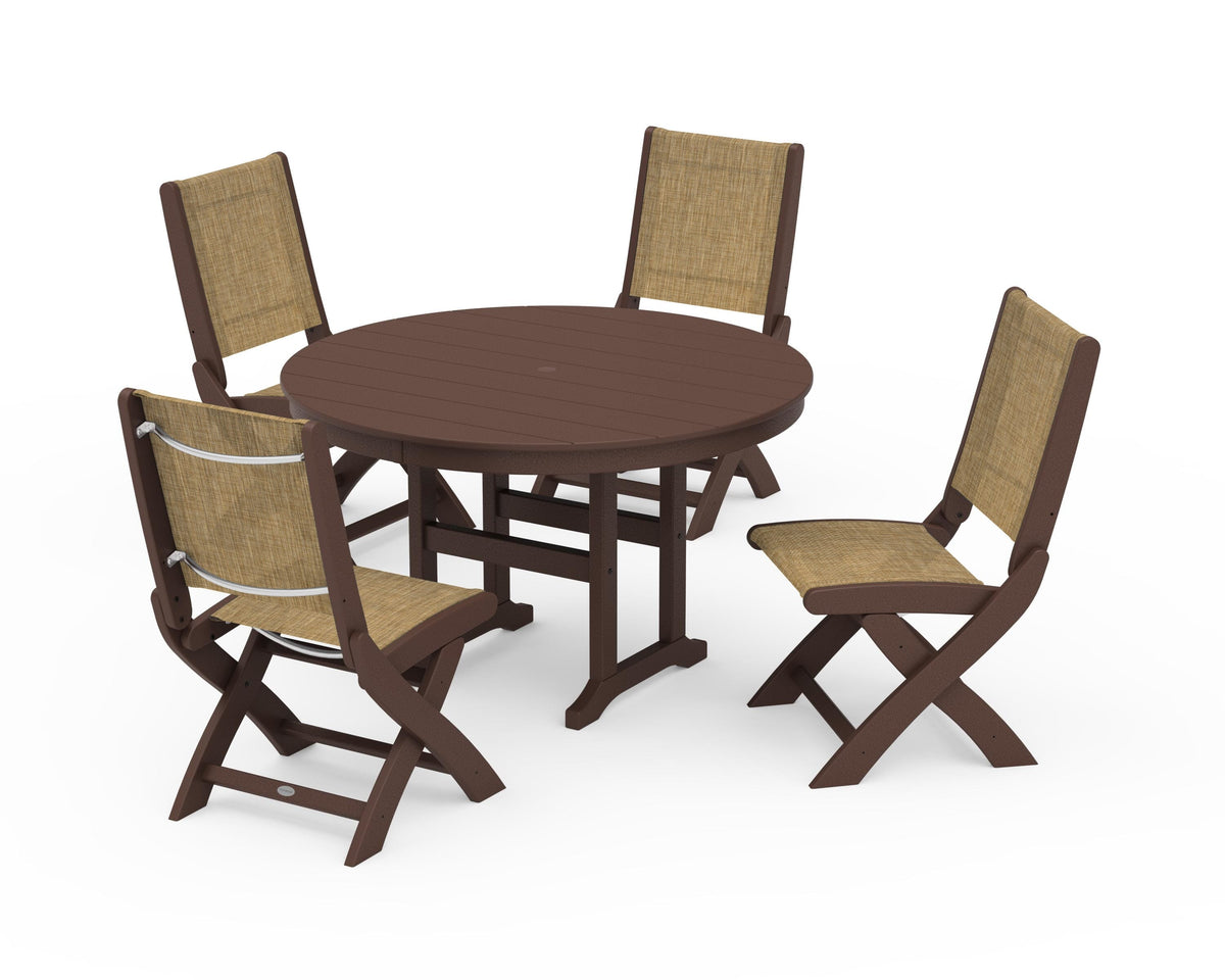 POLYWOOD Coastal Folding Side Chair 5-Piece Round Dining Set in Mahogany / Burlap