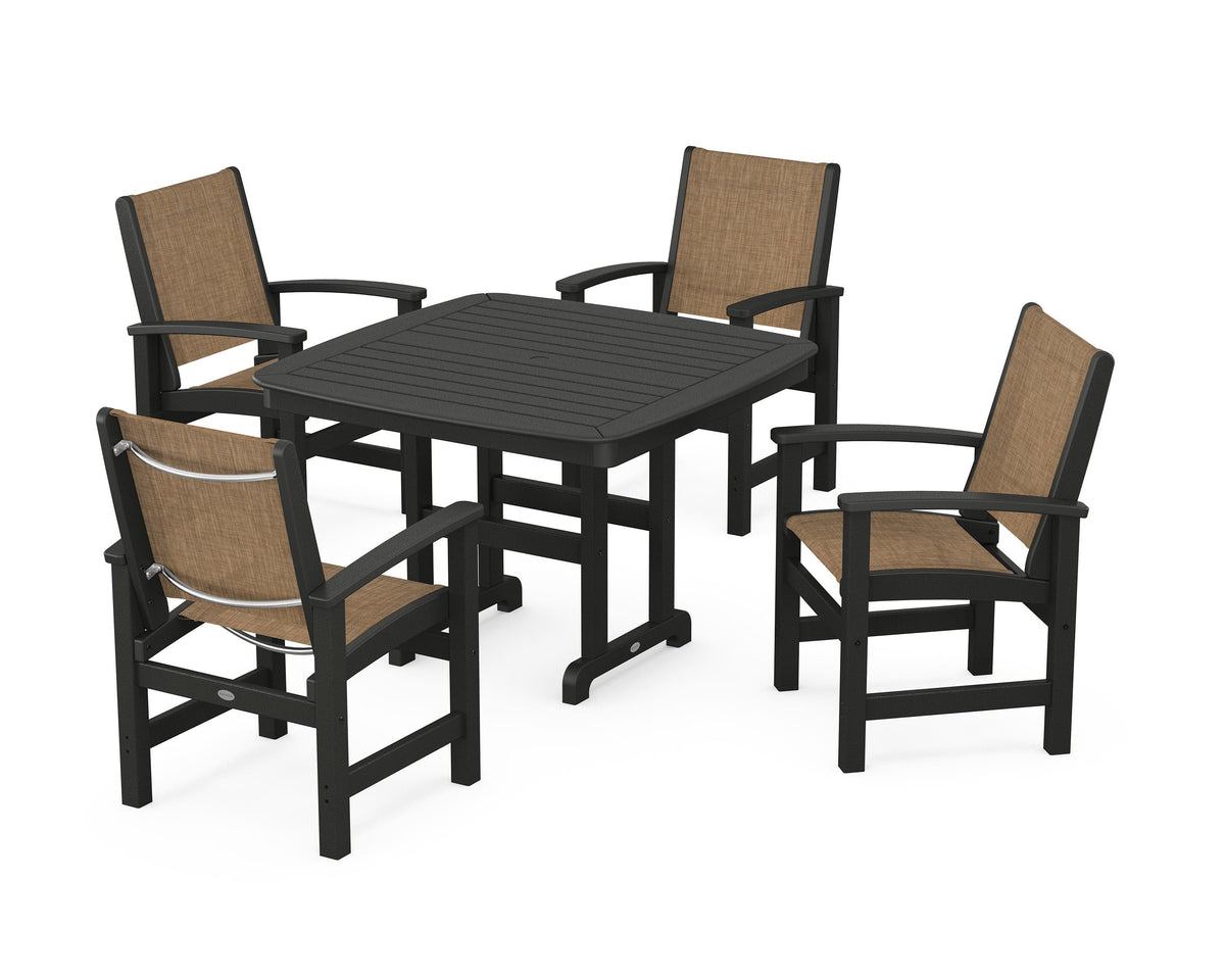 POLYWOOD Coastal 5-Piece Dining Set with Nautical 44" Dining Table in Black / Burlap