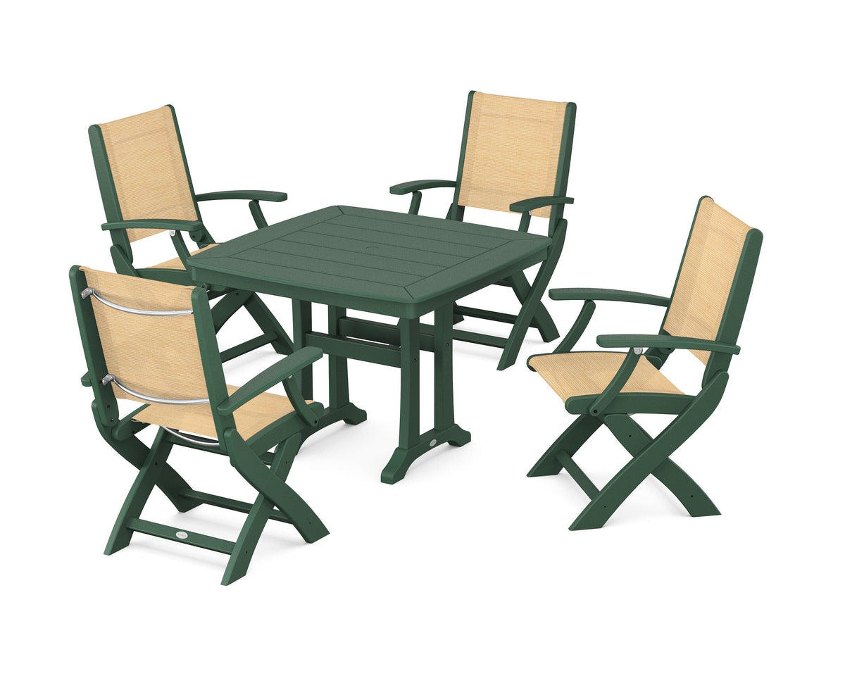 POLYWOOD Coastal Folding Chair 5-Piece Dining Set with Trestle Legs in Green / Dupioni Apricot
