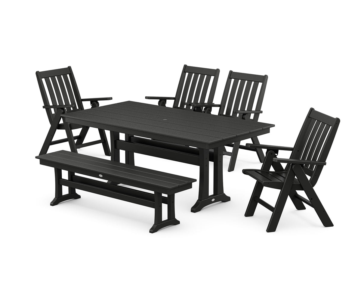 POLYWOOD Vineyard 6-Piece Folding Chair Farmhouse Dining Set with Trestle Legs and Bench in Black