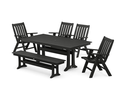 POLYWOOD Vineyard 6-Piece Folding Chair Farmhouse Dining Set with Trestle Legs and Bench in Black