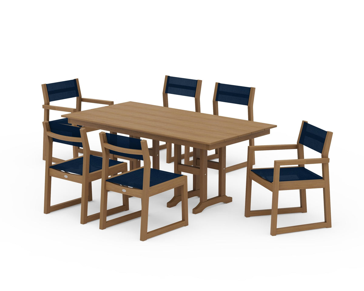 POLYWOOD EDGE Sling 7-Piece Farmhouse Dining Set in Natural / Navy Blue