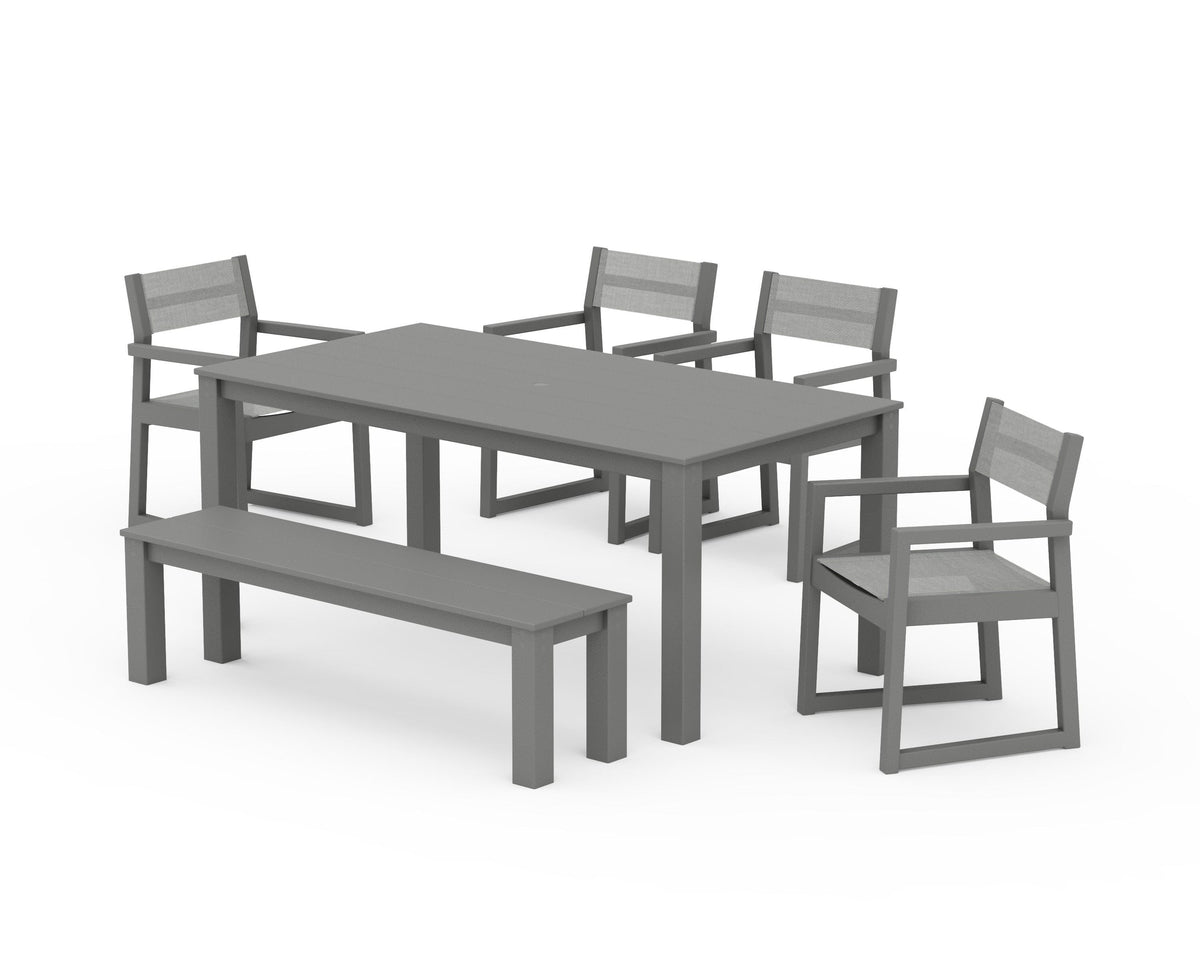 POLYWOOD EDGE Sling Arm Chair 6-Piece Parsons Dining Set with Bench in Slate Grey / Metallic