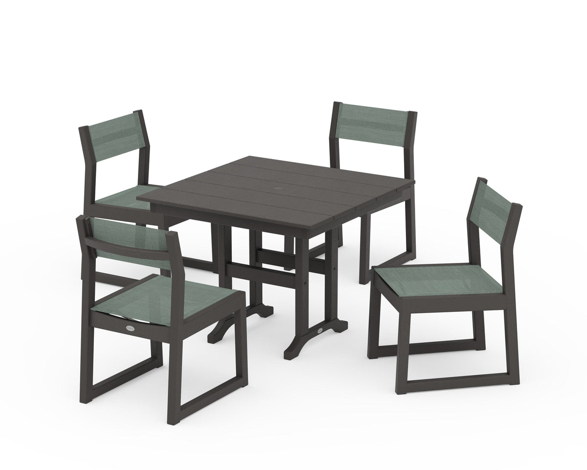 POLYWOOD EDGE Sling Side Chair 5-Piece Farmhouse Dining Set in Vintage Coffee / Dupioni Sea Mist