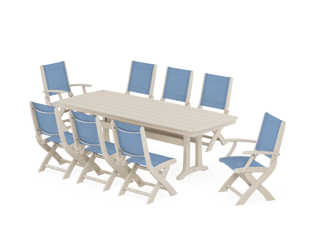 POLYWOOD Coastal Folding 9-Piece Dining Set with Trestle Legs in Sand / Poolside