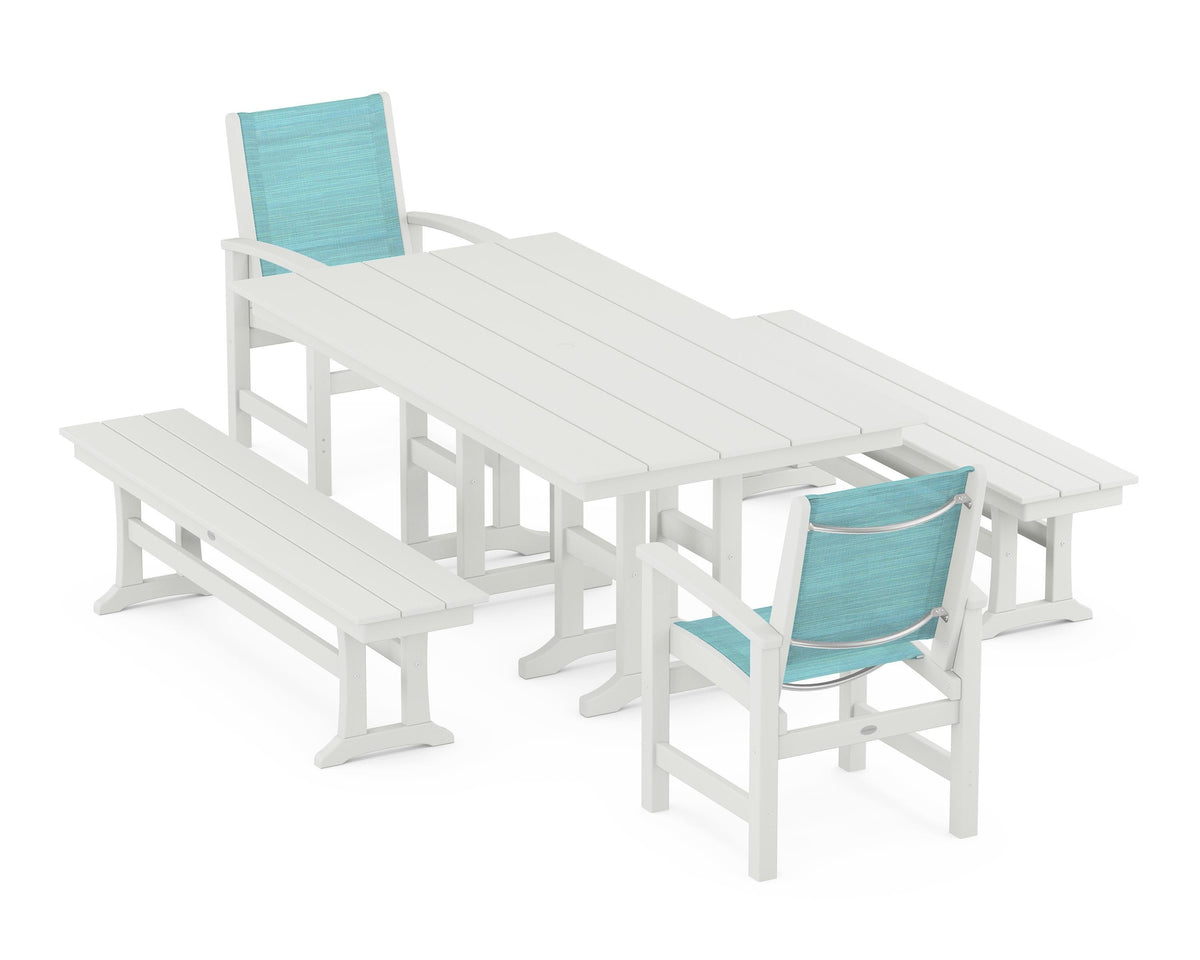POLYWOOD Coastal 5-Piece Farmhouse Dining Set with Farmhouse 37" x 72" Dining Table in Vintage White / Dupioni Aquamarine
