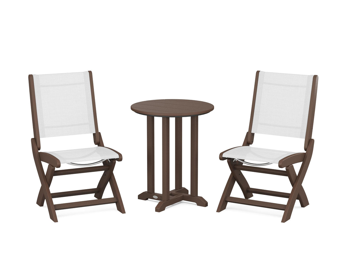 POLYWOOD Coastal Folding Side Chair 3-Piece Round Bistro Dining Set in Mahogany / White