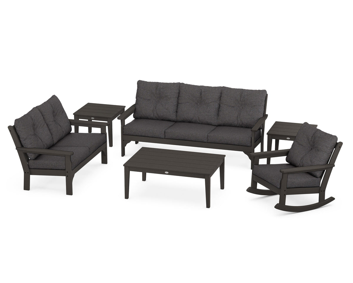 POLYWOOD Vineyard 6-Piece Deep Seating Set with Rocking Chair in Vintage Coffee / Ash Charcoal