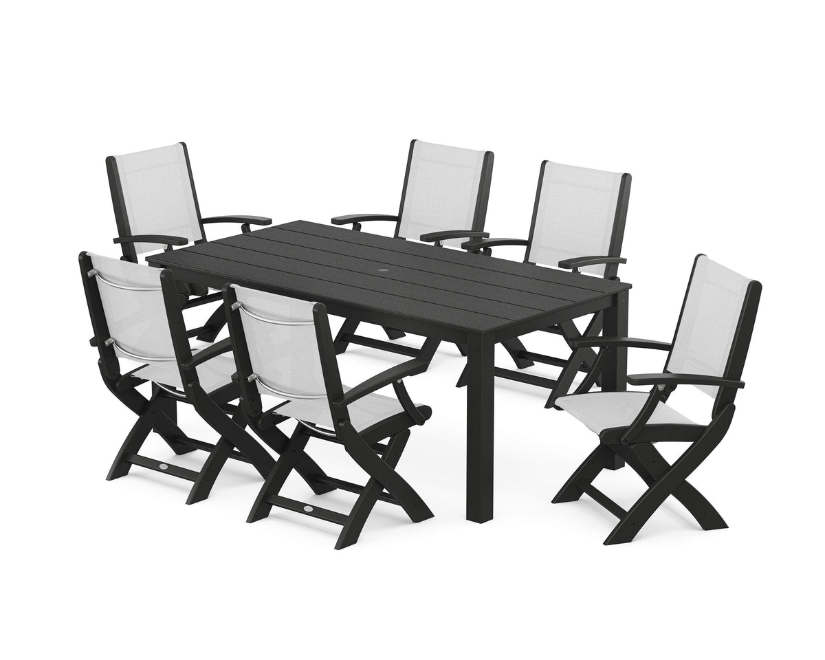 POLYWOOD Coastal Folding Chair 7-Piece Parsons Dining Set in Black / White