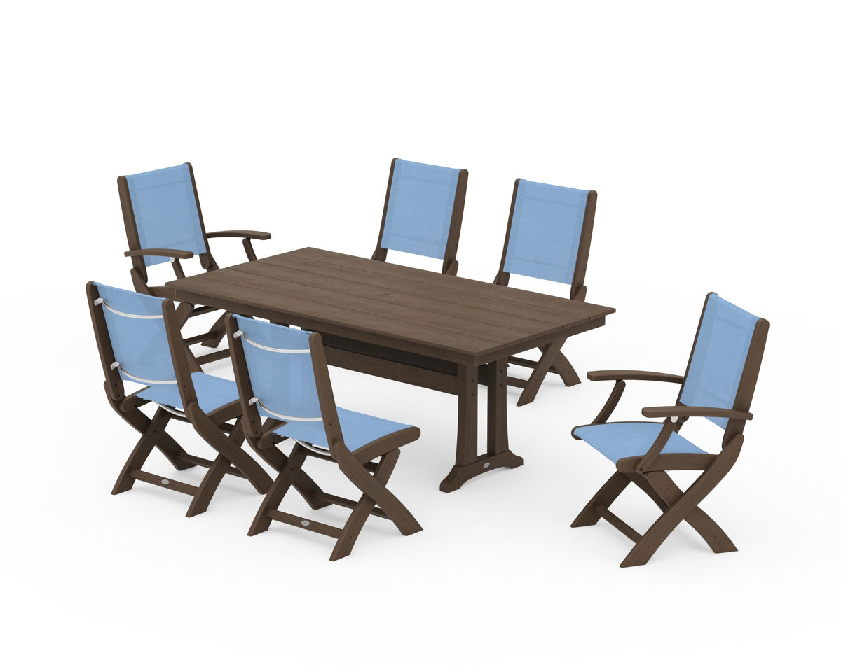 POLYWOOD Coastal Folding Chair 7-Piece Farmhouse Dining Set with Trestle Legs in Kona / Poolside