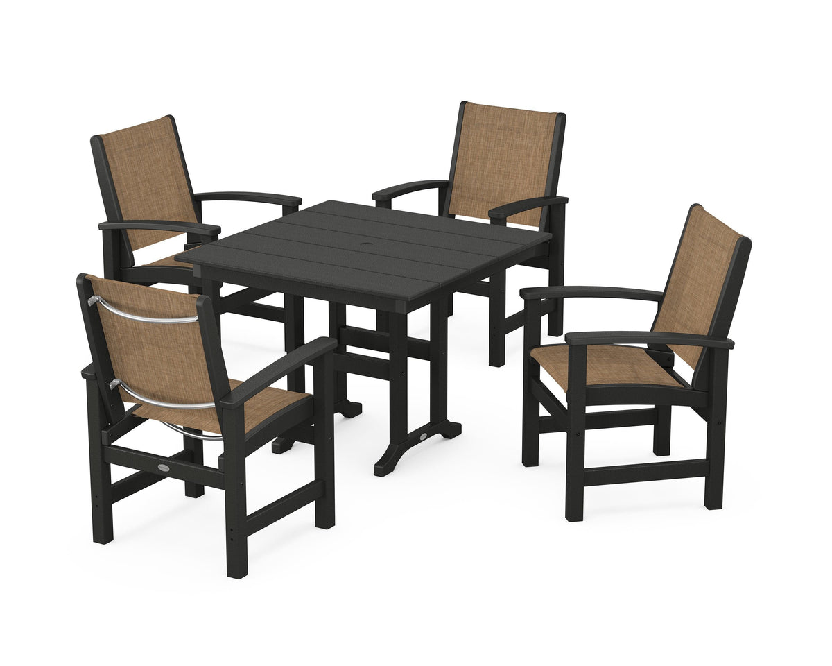 POLYWOOD Coastal 5-Piece Farmhouse Dining Set with Farmhouse 37" Dining Table in Black / Burlap