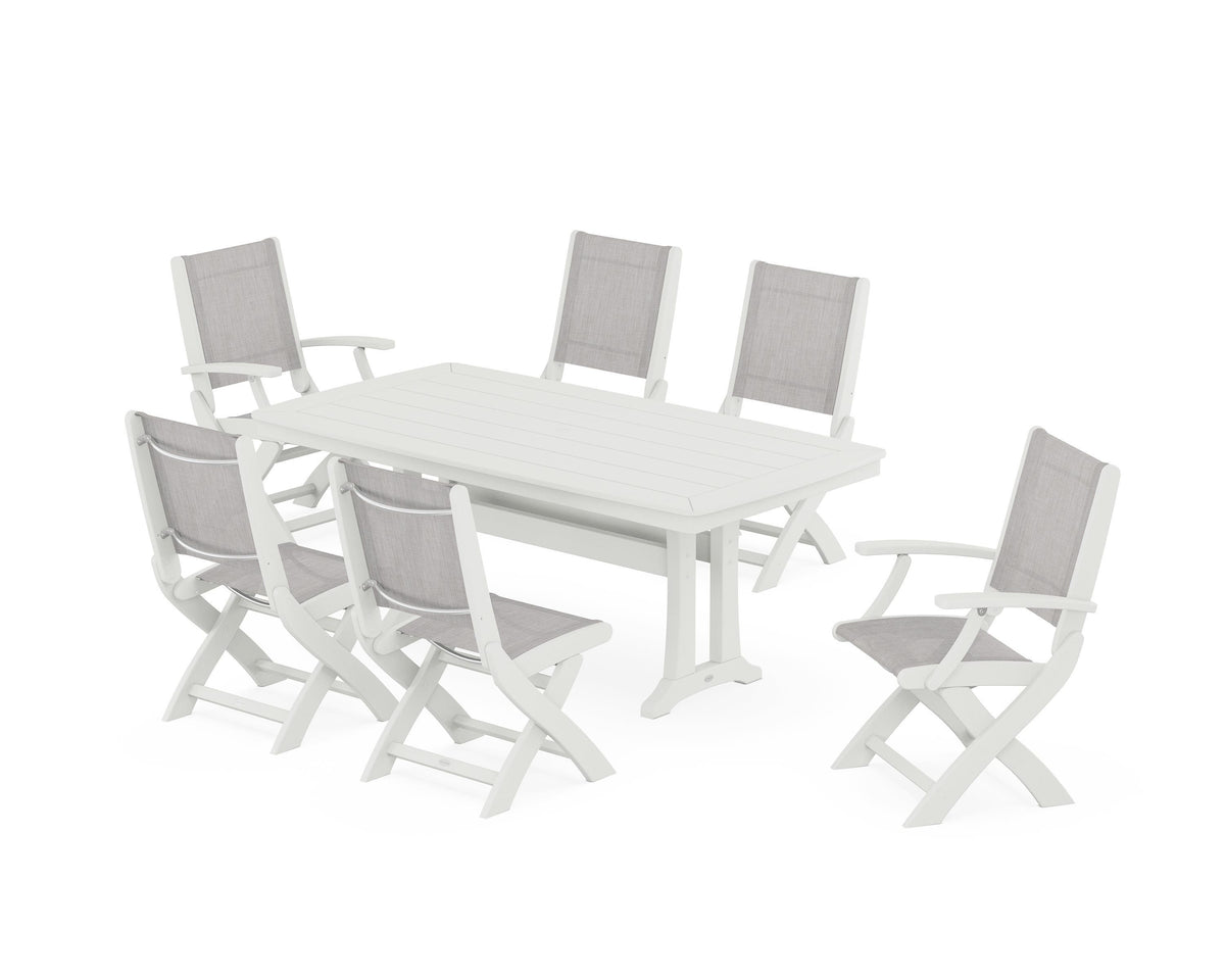 POLYWOOD Coastal Folding Chair 7-Piece Dining Set with Trestle Legs with Nautical Trestle 38" x 73" Dining Table in Vintage White / Parchment