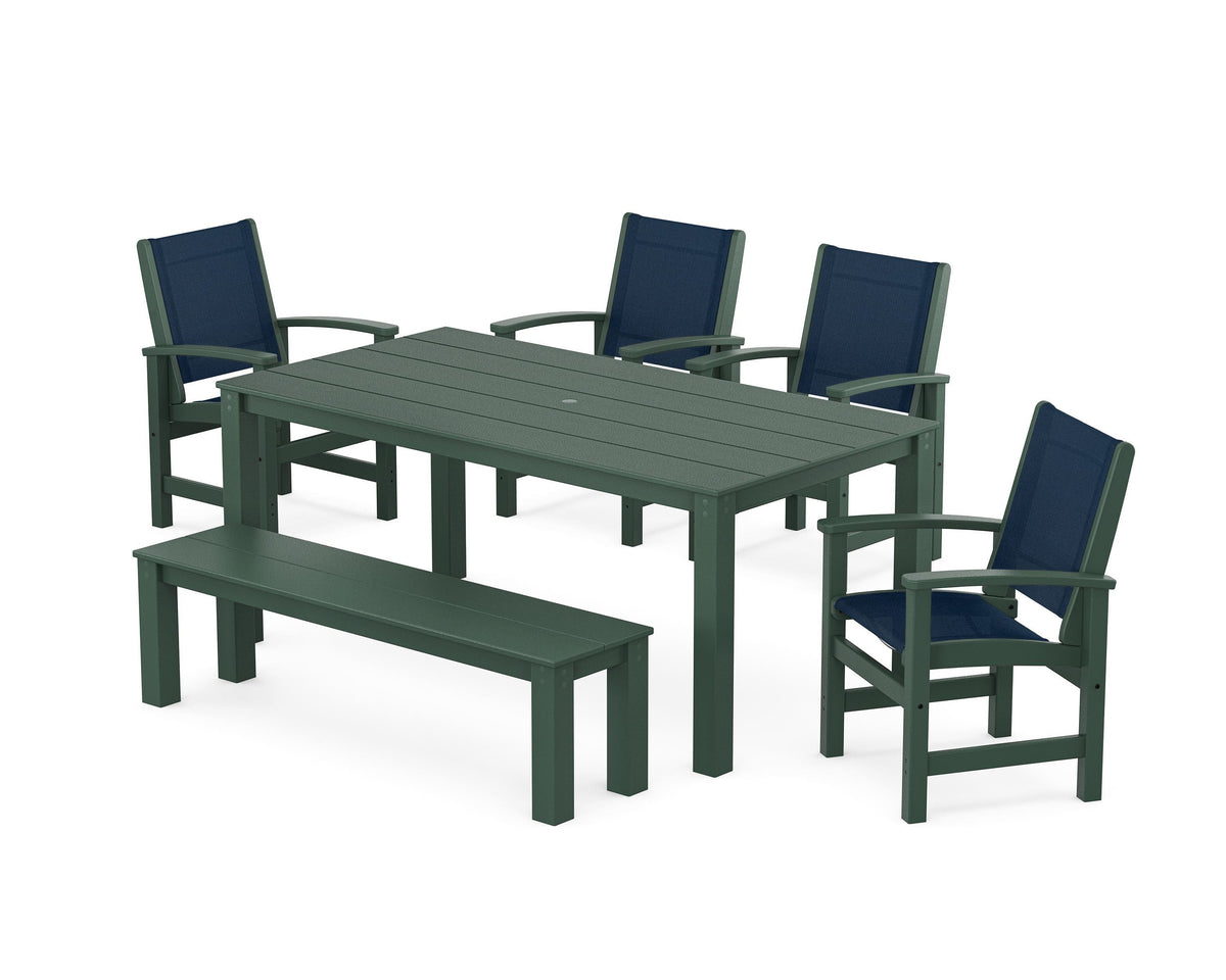 POLYWOOD Coastal 6-Piece Parsons Dining Set with Bench in Green / Navy Blue