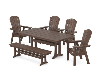 POLYWOOD Nautical Curveback Adirondack 6-Piece Farmhouse Dining Set with Trestle Legs and Bench in Mahogany
